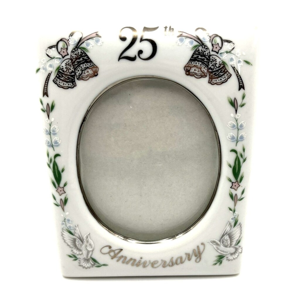 Small Vtg Lefton Hand Painted White Porcelain 25th Anniversary Picture Frame